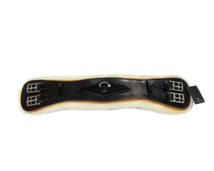 Black sheepskin dressage girth with orange trim