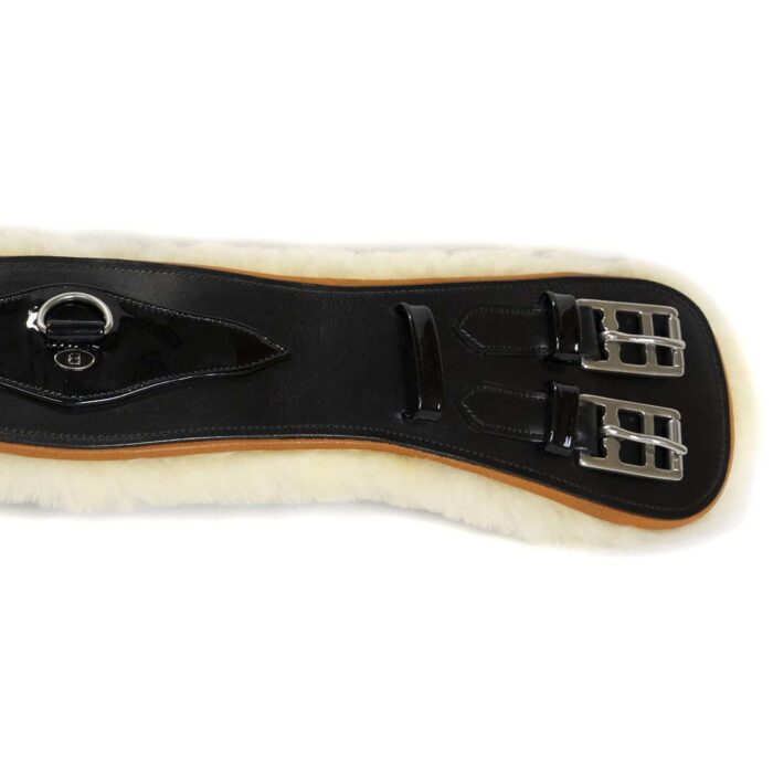Black sheepskin dressage girth with orange trim