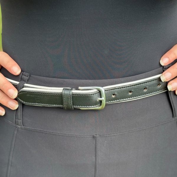 Black leather belt with white trim