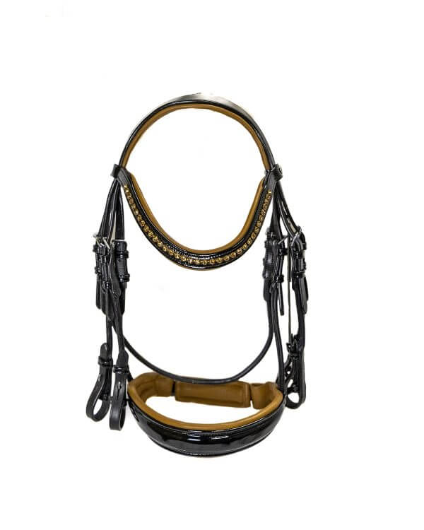 Black patent double bridle with brown trim